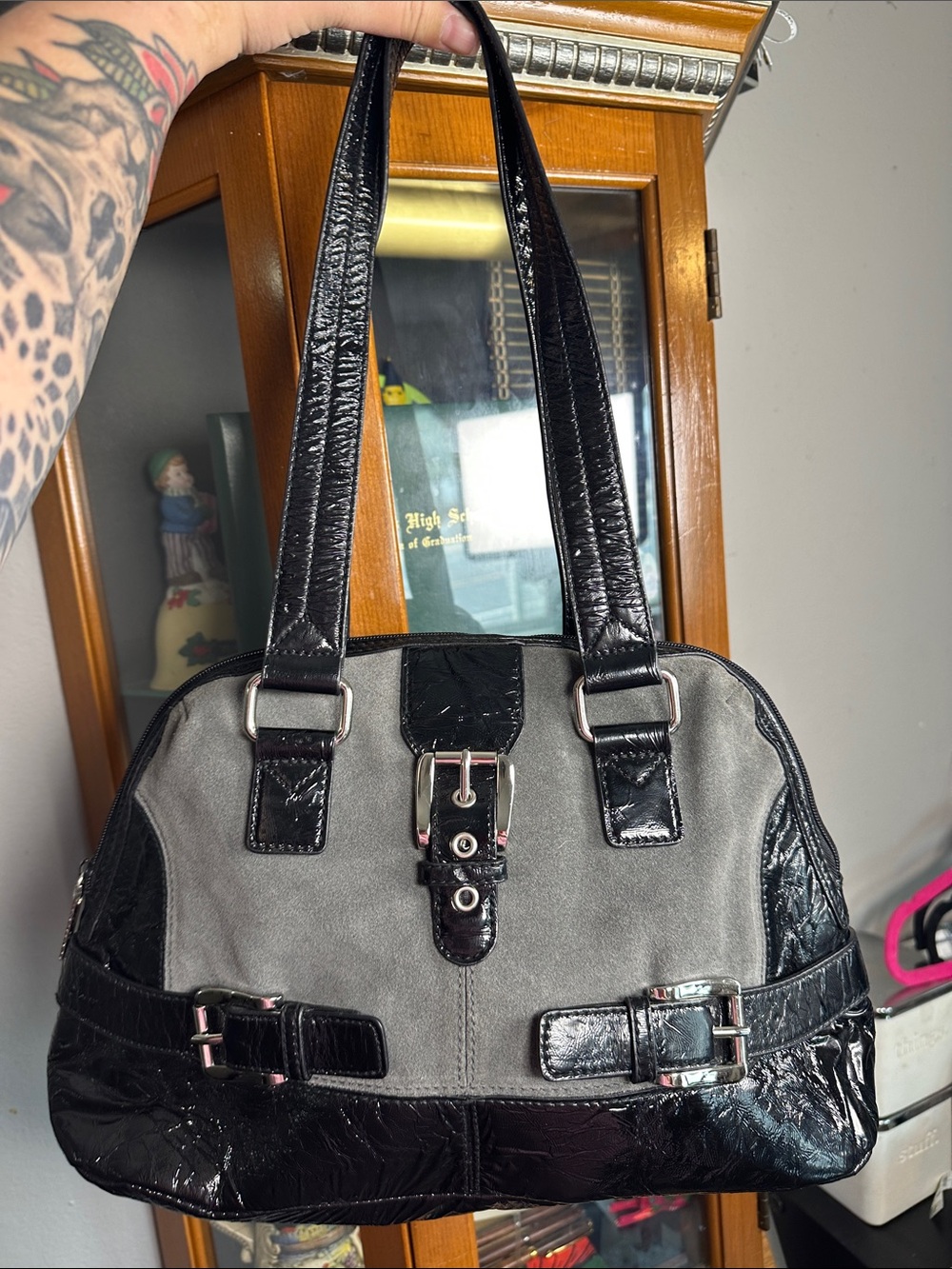 Naturalizer Gray and Black Suede-Trim Shoulder Bag